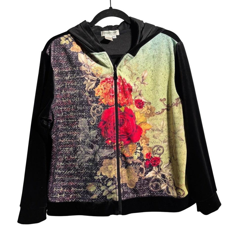 Coldwater Creek Floral Velvet Zip Up Hoodie Jacket Womens P L Black‎ Multi Color